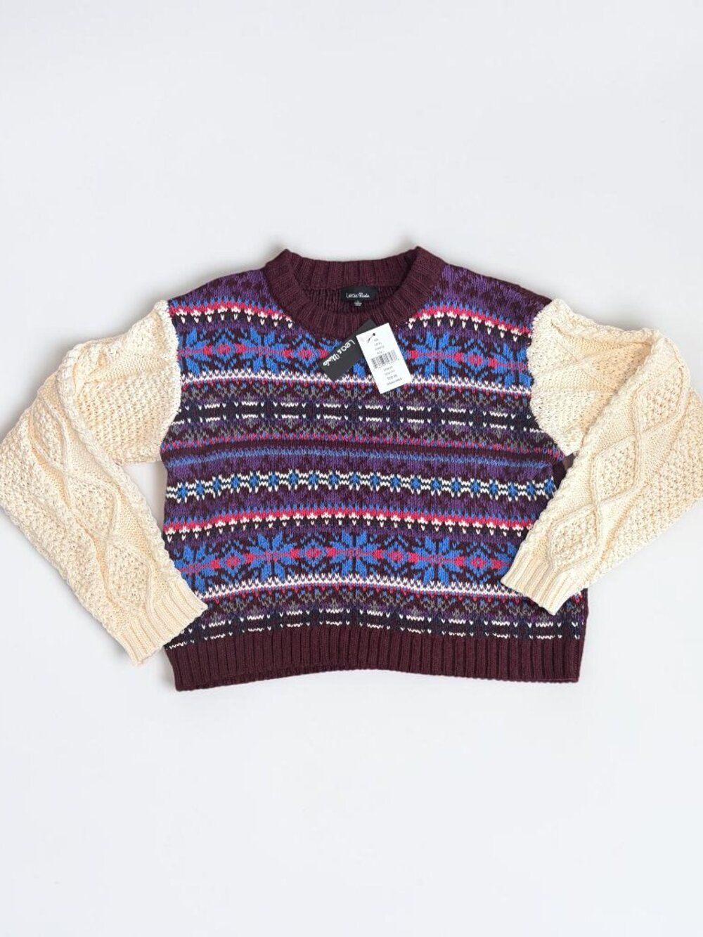 NWT Lea & Viola Fair Isle Cable Knit Sweater Size Large Boho Cozy Winter